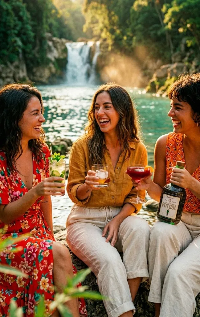 Amigas brindando con Ron Potosí frente a una cascada de la Huasteca Potosina
